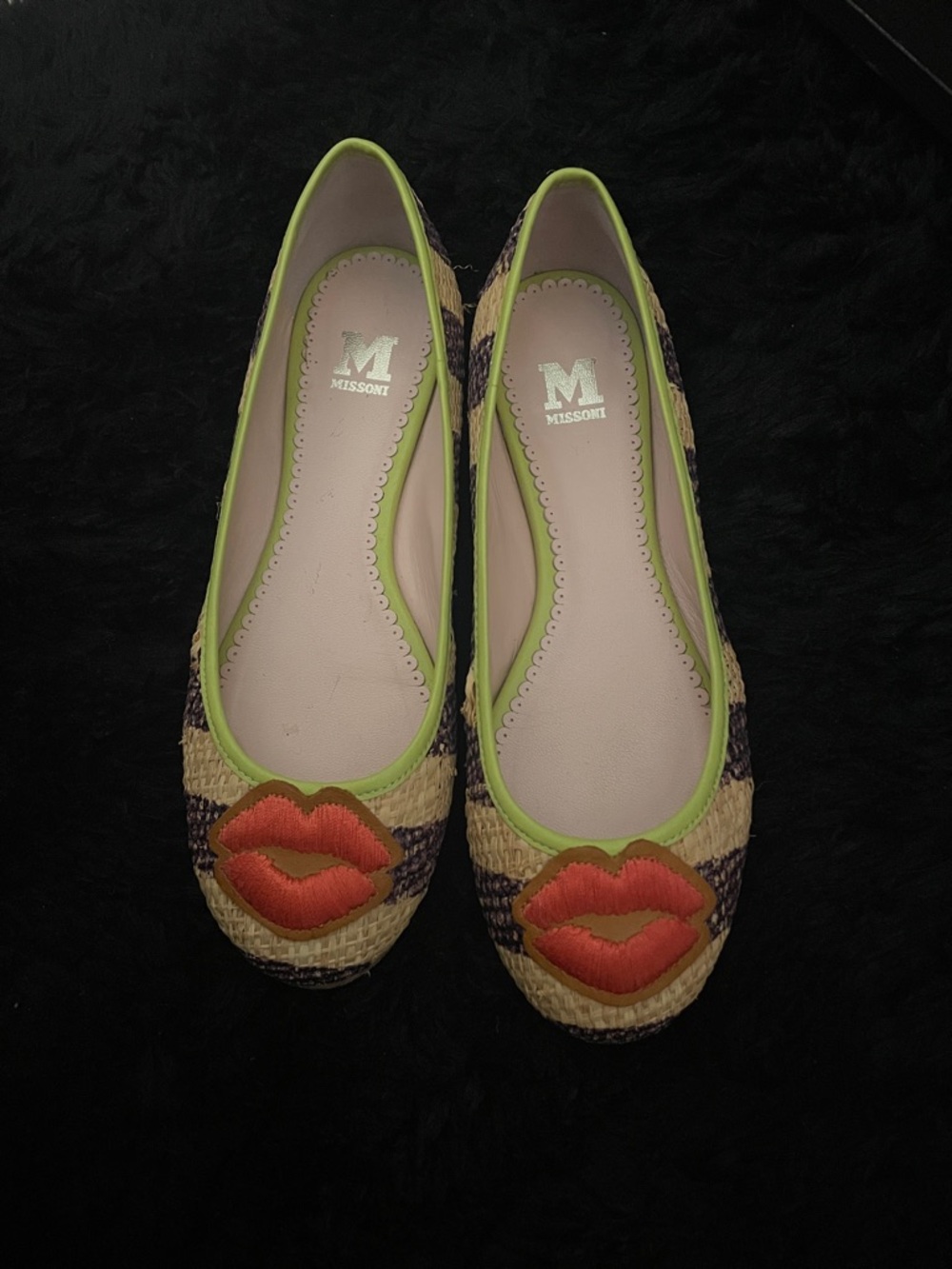Missoni Straw Ballet Flats with Coral Lip Applique and Lime Trim